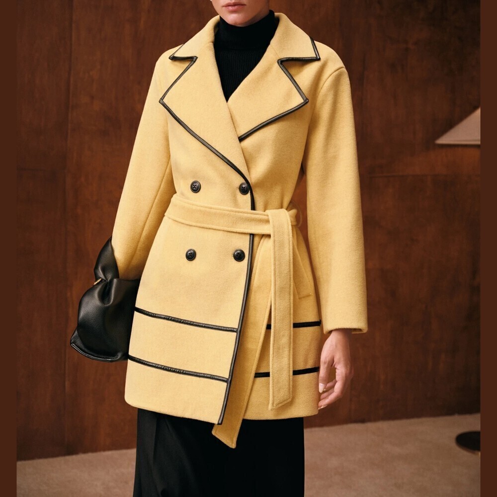 Yellow / Black Contrast Trim Double Breasted Belted Thigh Length Coat